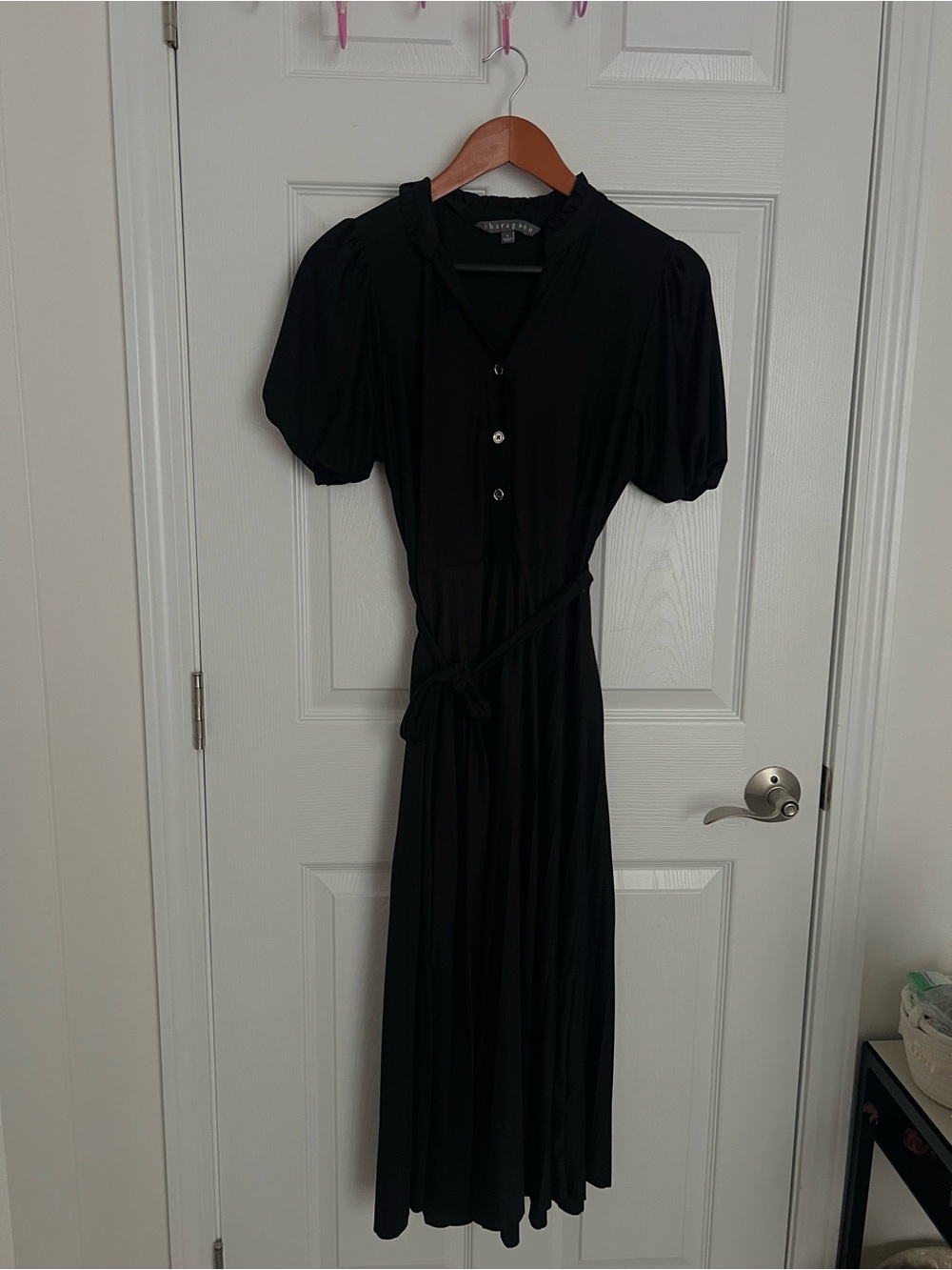 Sharagano Black Puff Sleeve Maxi Dress with Self-Tie Waist